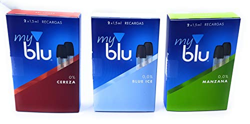 6 Recargas My Blu 0,0% Nicotina - 3 Sabores Diferentes - Blue Ice/Manazana/Cereza -