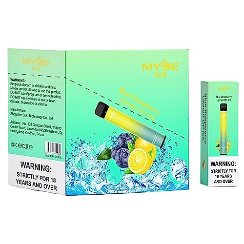 MYDE Plus Pack de 10 Vaper sin Nicotina de Sabor Blue Raspberry Lemon On Ice hasta 800 Caladas o Puffs | Sistema de Bloqueo | Cigarrillo Electrónico Pod Desechable Vapeador | Batería de 550mAh